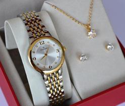 Relogio champion feminino pequeno misto ch24857w + kit semi joia