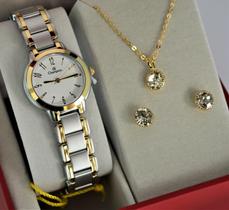 Relogio champion feminino pequeno misto ch26944c + kit semi joia