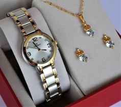 Relogio champion feminino pequeno misto cn28419c + kit semi joia