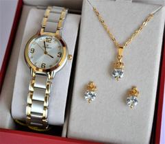 Relogio champion feminino pequeno misto cn28419c + kit semi joia