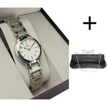 Relogio champion feminino pequeno misto numeros ch26944s + bolsa