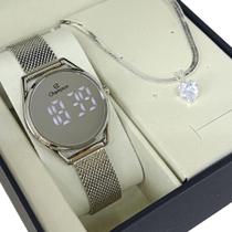 Relógio Champion Feminino Prata Digital LED Branco Lente Espelhada CH48206Q Original