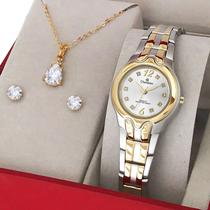 Relógio Champion Feminino Prata e Dourado Original 1 ano de garantia com colar e brincos