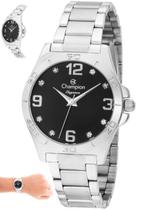 Relógio Champion Feminino Prateado Elegance fundo Preto Quartz