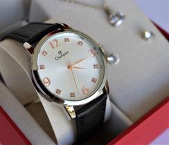 Relogio champion feminino prateado pulseira de couro cn24244y + kit semi joia