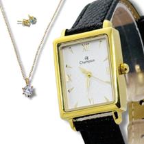 Relógio Champion Feminino Pulseira em Couro Preto Dourado Retangular Mostrador Branco Original Kit Semijóias Colar Brincos