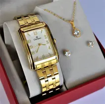 Relogio champion feminino quadrado dourado medio cn20373w + kit semi joia