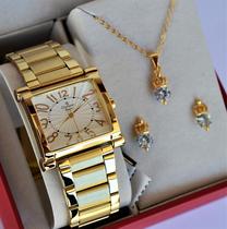 Relogio champion feminino quadrado dourado medio numeros cn26877h + kit semi joia Relogio champion feminino quadrado dourado medio numeros cn26877h + kit semi joia