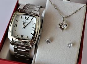 Relogio champion feminino quadrado prateado grande cn28731q + kit semi joia Relogio champion feminino quadrado prateado grande cn28731q + kit semi joia