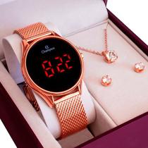 Relógio Champion Feminino Rosê Digital Led Vermelho CH40133P Kit Colar e Brincos