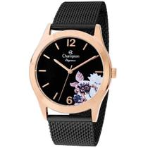 Relógio CHAMPION feminino rosê preto flor esteira CN20757P