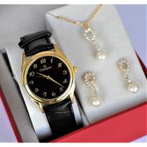 Relogio champion feminino visor preto couro numeros ch22219k + kit semi joia