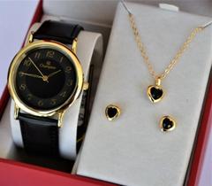 Relogio champion feminino visor preto couro numeros ch22288p + kit semi joia