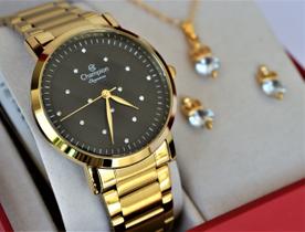 Relogio champion feninino dourado visor preto cn25976u + kit semi joia