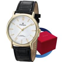 Relógio Champion Masculino CH22680M Original Dourado Caixa de Aço 39mm Pulseira Couro Preta Analógico Resistente à Água Garantia 1 Ano