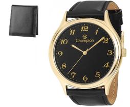 Relogio Champion Masculino Dourado Numeros Couro Visor Preto CN20024P + Carteira