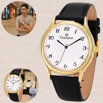 Relógio Champion Masculino Quartzo Prova Dágua 50 Metros 5 ATM Social Pulseira de Couro Preto Clássico Dourado CN20024B