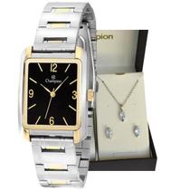 Relogio champion misto quadrado visor preto ch22466p + kit semi joia