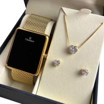 Relógio Champion Original Feminino Dourado Fundo Preto Kit Colar e Brincos Moderno Presente Relógio Champion Original Feminino Dourado Fundo Preto Kit Colar e Brincos Moderno Presente