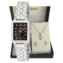 Relogio champion prateado quadrado visor preto + kit semi joia