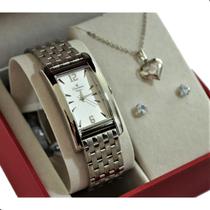 Relogio champion retangular medio prateado cn26608q + kit semi joia