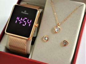 Relogio champion rose quadrado digital led rosa ch40080h + kit semi joia Relogio champion rose quadrado digital led rosa ch40080h + kit semi joia