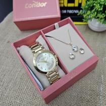 Relógio condor feminino dourado kit com colar e brincos co2035naf/k4d
