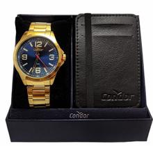 Relógio condor masculino dourado e azul inox kit com porta cartão caixa presenteável