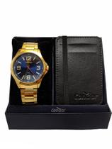 Relógio condor masculino dourado e azul inox kit com porta cartão caixa presenteável