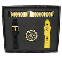 Relógio Cronógrafo Masculino Roaris RR00002 5 ATM Preto Caixa Metal Dourado Troca Pulseira 1 de Aço Dourado, 1 Silicone Preto e 1 Silicone Amarelo