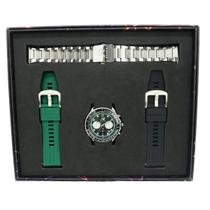 Relógio Cronógrafo Masculino Roaris RR00003 5 ATM Verde Caixa em Metal Prata Troca Pulseira 1 de Aço Prata, 1 Silicone Preto e 1 Silicone Verde