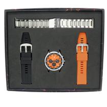Relógio Cronógrafo Masculino Roaris RR00005 5 ATM Laranja Caixa em Metal Prata Troca Pulseira 1 de Aço Prata, 1 Silicone Preto e 1 Silicone Laranja