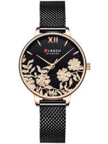 Relógio Curren Feminino 9065 Preto Aço Detalhes De Flores Relógio Curren Feminino 9065 Preto Aço Detalhes De Flores