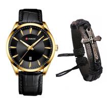 Relógio Curren Masculino Luxo Dourado + Pulseira Cruz