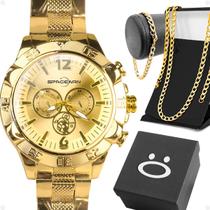 Relogio Dagua Prova Aco Masculino + Cordao Pulseira + Caixa pesado presente dourado banhado aço inoxidável original Relogio Dagua Prova Aco Masculino + Cordao Pulseira + Caixa pesado presente dourado banhado aço inoxidável original