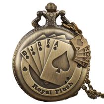 Relógio De Bolso Cartas Baralho Aço Inox Corrente Estojo