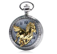 Relógio De Bolso Cavalo De Corrida - Dourado Com Prateado - Reissil