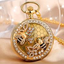 Relógio De Bolso Luxo Pedras Strass Colméia Abelha Aço Corrente Estojo - Memory Watch Relógio De Bolso Luxo Pedras Strass Colméia Abelha Aço Corrente Estojo - Memory Watch