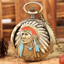 Relógio De Bolso Masculino Índio Apache Aço Corrente Estojo