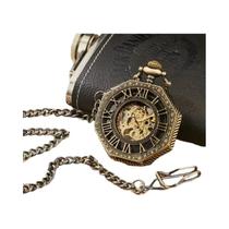 Relógio De Bolso Mecânico Esqueleto Dourado Para Homens Com Mostrador Hexagonal Romano Estilo