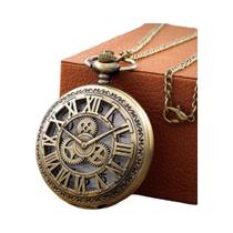 Relógio de Bolso Steampunk Antigo de Bronze com Pingente de Colar e Quartzo - Algarismos Romanos