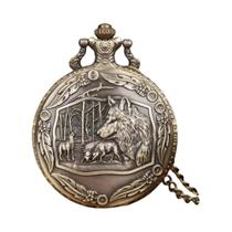 Relógio De Bolso Vintage Em Bronze Com Cabeça De Lobo E Corrente De Colar Para Homens E Crianças