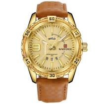 Relógio de couro dourado masculino de quartzo Date Clock Man