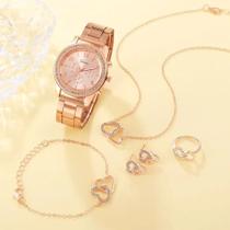 Relógio de luxo Ouro Rosa, semi joias+ brincos + colar + anel + pulseira, Relógio de Pulso strass