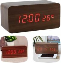 Relógio De Madeira Despertador Led Com Controle De Voz Data Hora Temperatura Led 3 alarmes sensor liga e desliga Relógio De Madeira Despertador Led Com Controle De Voz Data Hora Temperatura Led 3 alarmes sensor liga e desliga