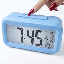 Relógio De Mesa Digital Alarme Despertador Função Soneca Data Hora Indicador Temperatura Luz Led Azul Cabeceira
