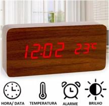 Relógio De Mesa Quadrado De Madeira Led Digital Data Hora Temperatura Led 3 alarmes sensor liga e desliga
