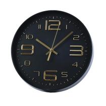 Relogio de parede 29 cm preto com numeros dourados.