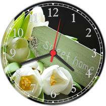 Relógio De Parede Abstrato Moderno Flores Frase Sweet Home Medindo 40 Cm De Diâmetro RC015