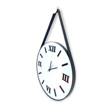 Relógio de Parede ADNET 40cm, Fundo Branco, Algarismos Romanos 3D Pretos, Alças em Couro cor Preta - MODART